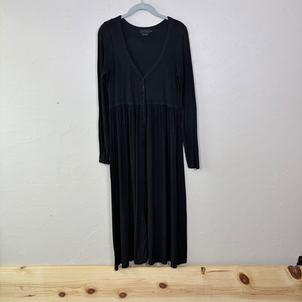 HATCH Maternity Dress Womens 2 Medium Black Ribbed Long Sleeve Snap Front Midi